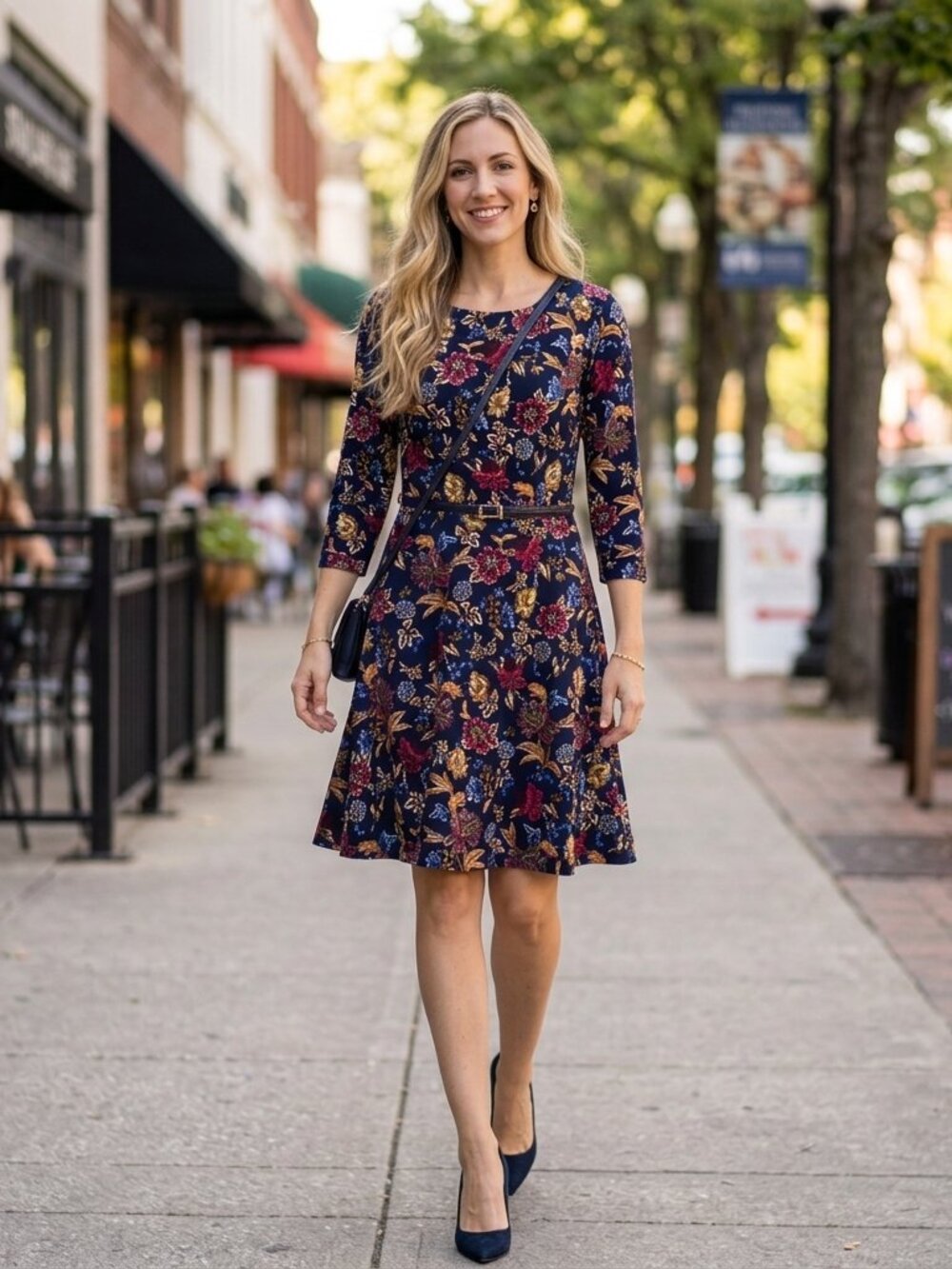 JULIO navy floral fit-and-flare dress 3/4 sleeve — size 4